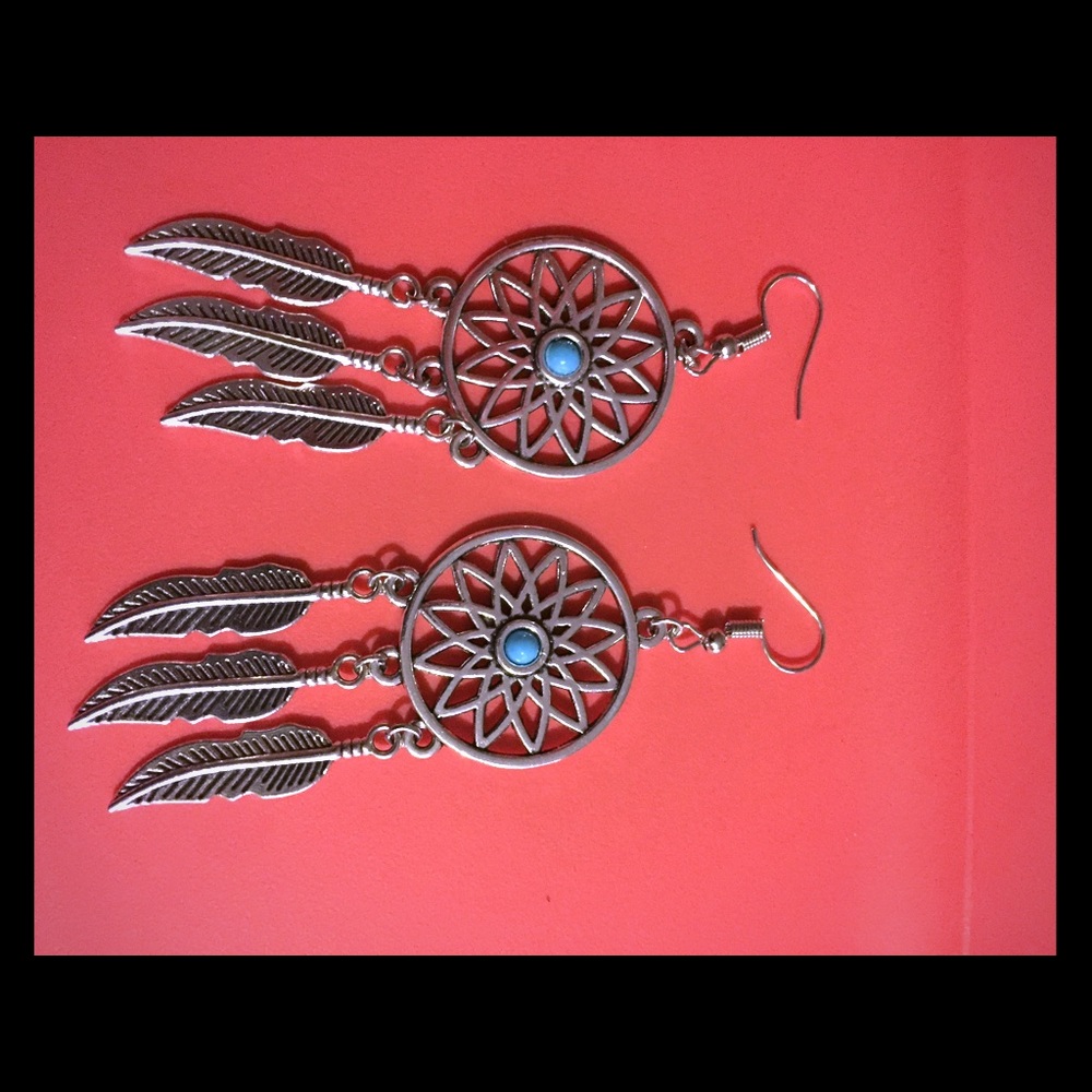 Silver And turquoise dream catcher earrings